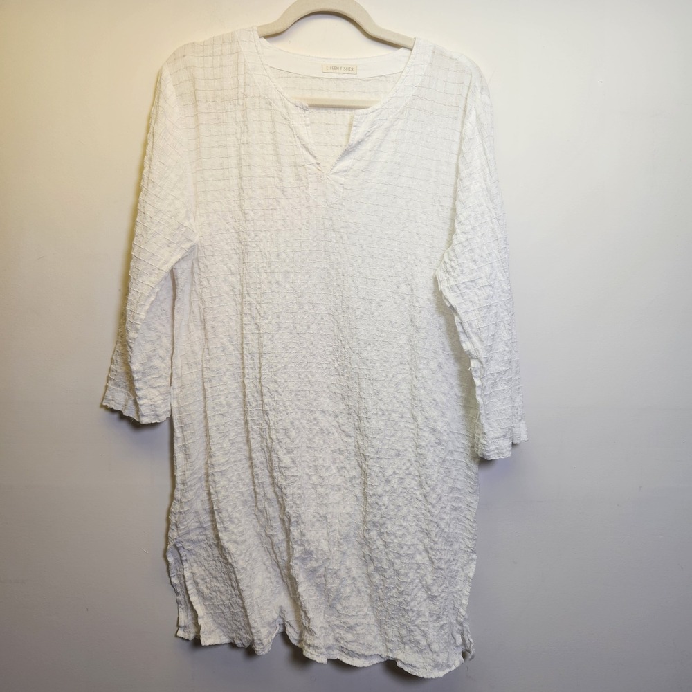 Eileen Fisher Organic Cotton Puckered Grid Textured Tunic Lrg Coastal Beach